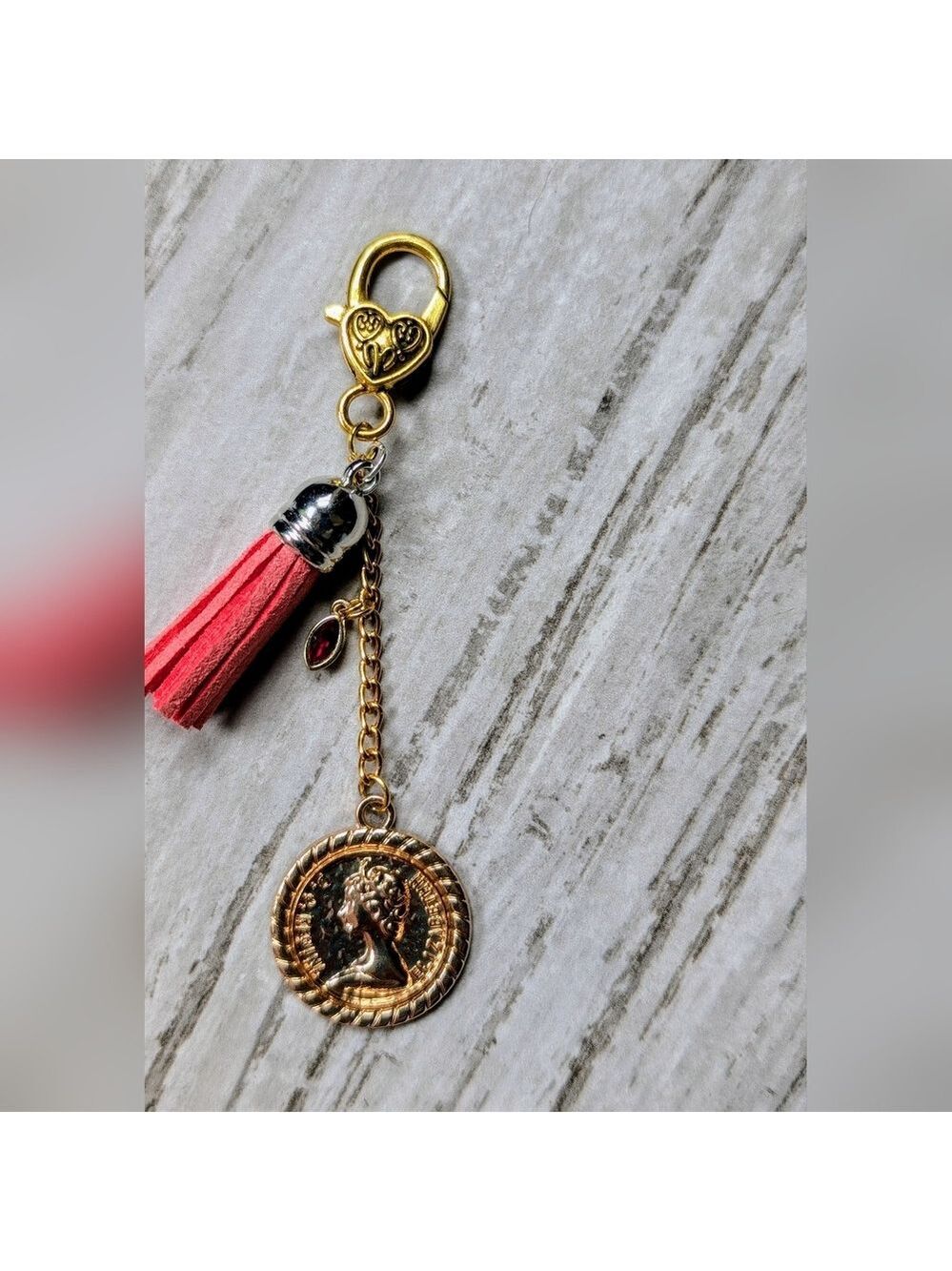 Gold and Pink Tassel Bag Charm with Coin Charm